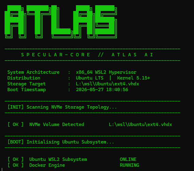 ATLAS boot sequence — SPECULAR-CORE initialising WSL2 and Docker